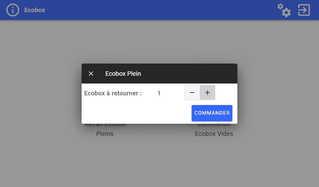 Application Ecobox - Ecran renvoi consommables Ecran de configuration Ecobox Sélection nombre colis